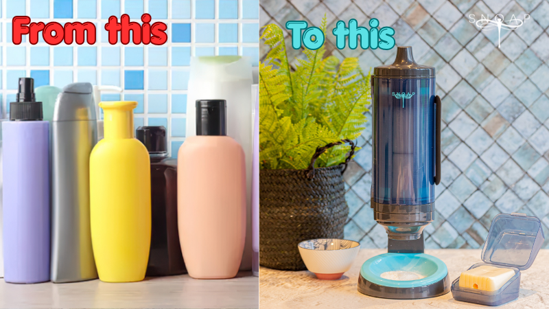 Split image showing a bathroom transformation from multiple single-use plastic toiletry bottles to a refillable SNOAP solid soap dispenser, with a SNOAP soap bar in a reusable travel box.