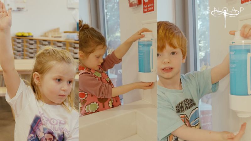 Children at Tops Day Nurseries washing hands with the SNOAP refillable soap dispenser system