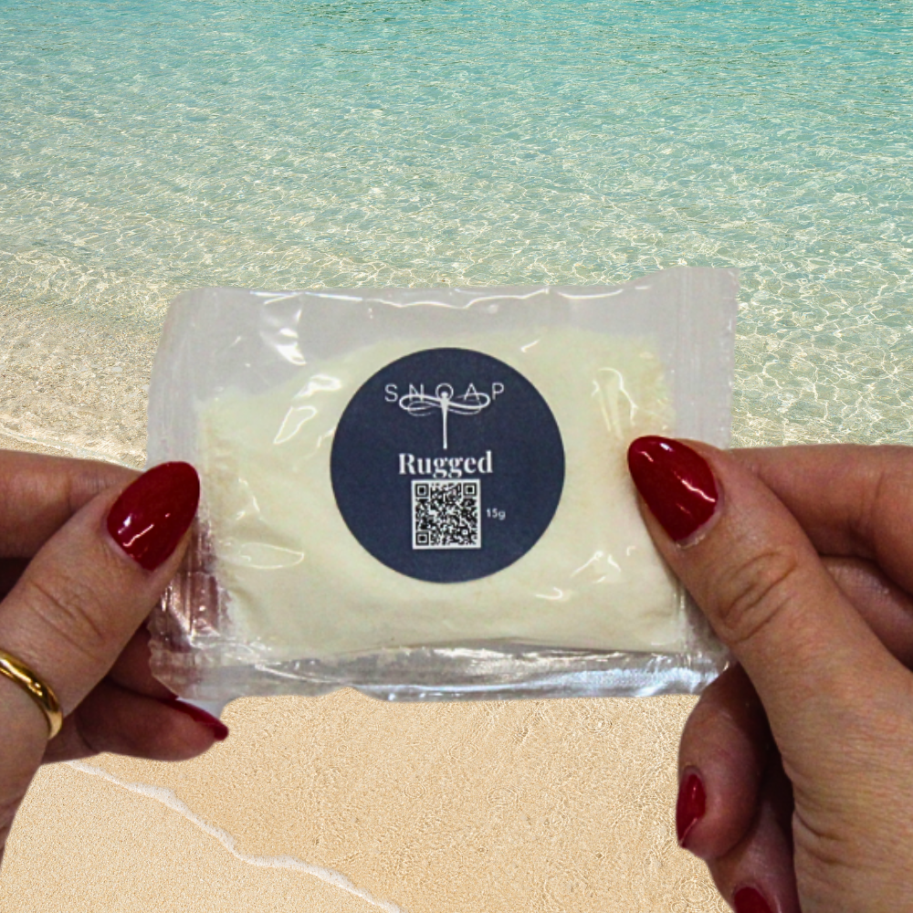 Rugged Silver Buckthorn with Citronella SNOAP soap sample on beach background