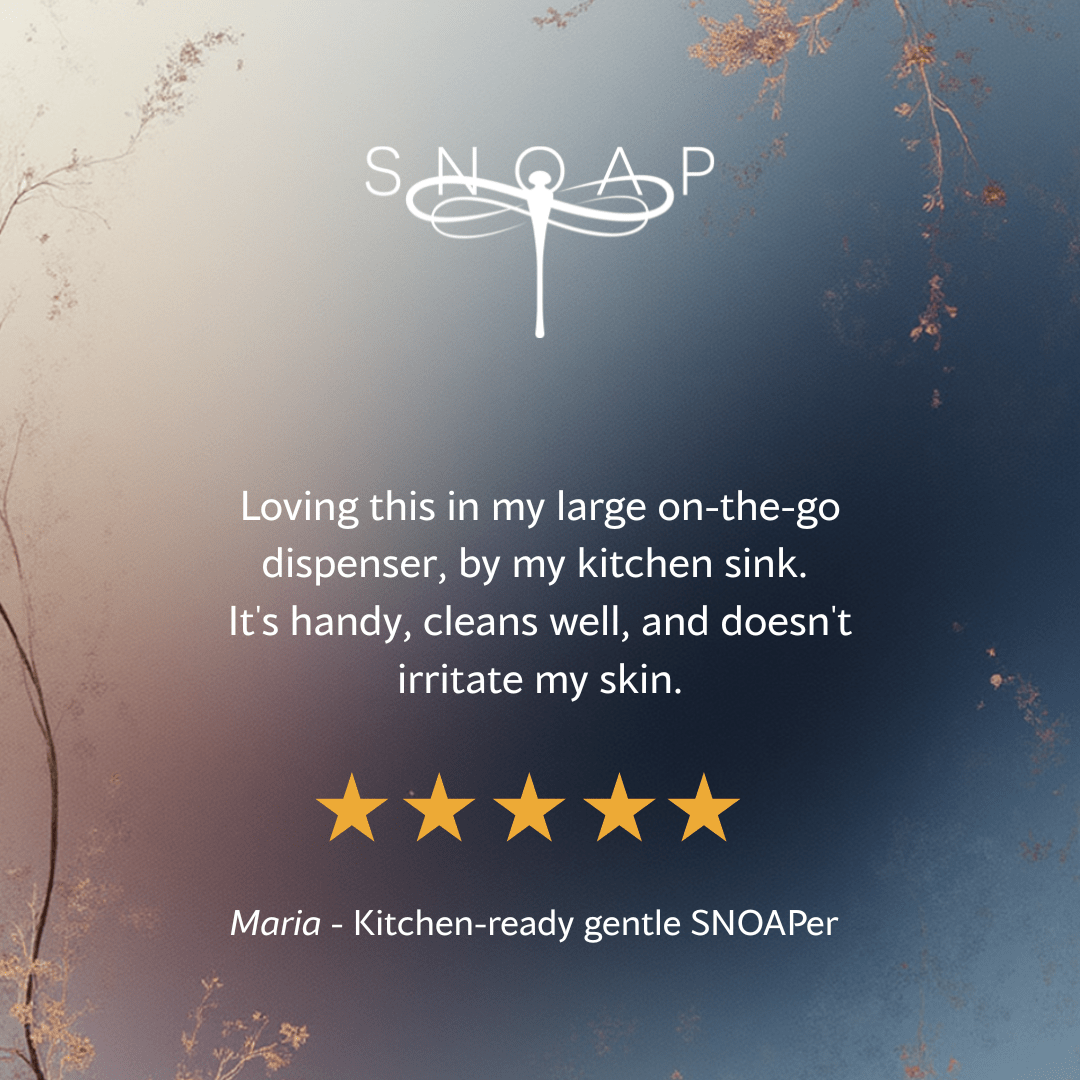 Five-star customer review for SNOAP Tea Tree organic Olive Oil Soap saying it leaves hands clean and not irritated, with SNOAP logo on soft blue gradient background