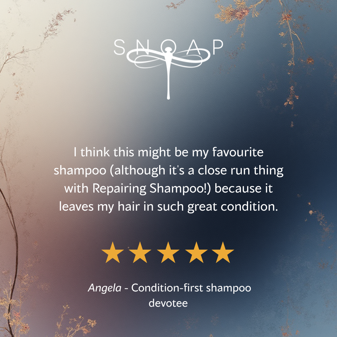 Five-star customer review for SNOAP cleansing shampoo bar saying it leaves hair in great condition, with SNOAP logo on soft blue gradient background