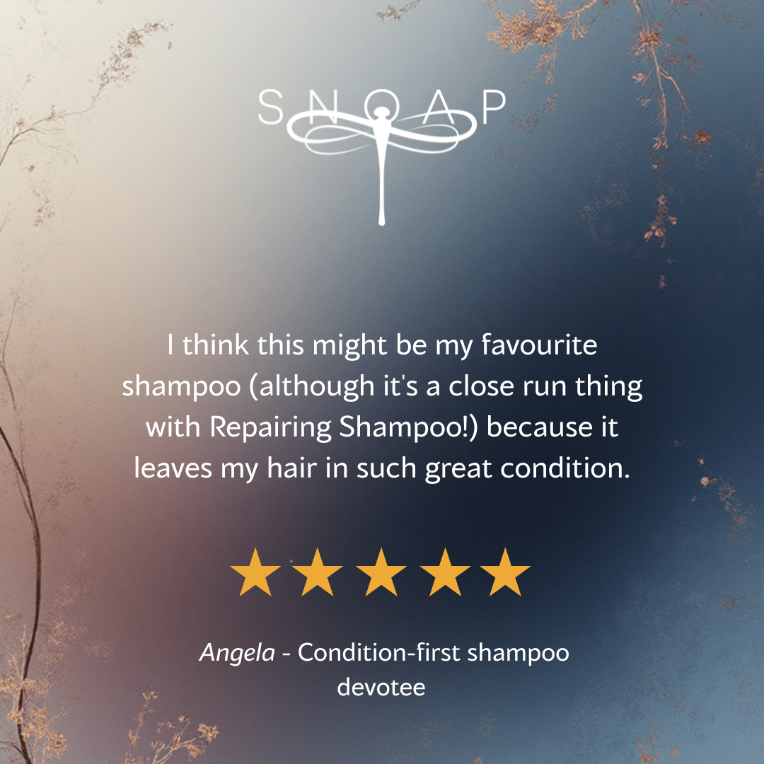 Five-star customer review for SNOAP cleansing shampoo bar saying it leaves hair in great condition, with SNOAP logo on soft blue gradient background