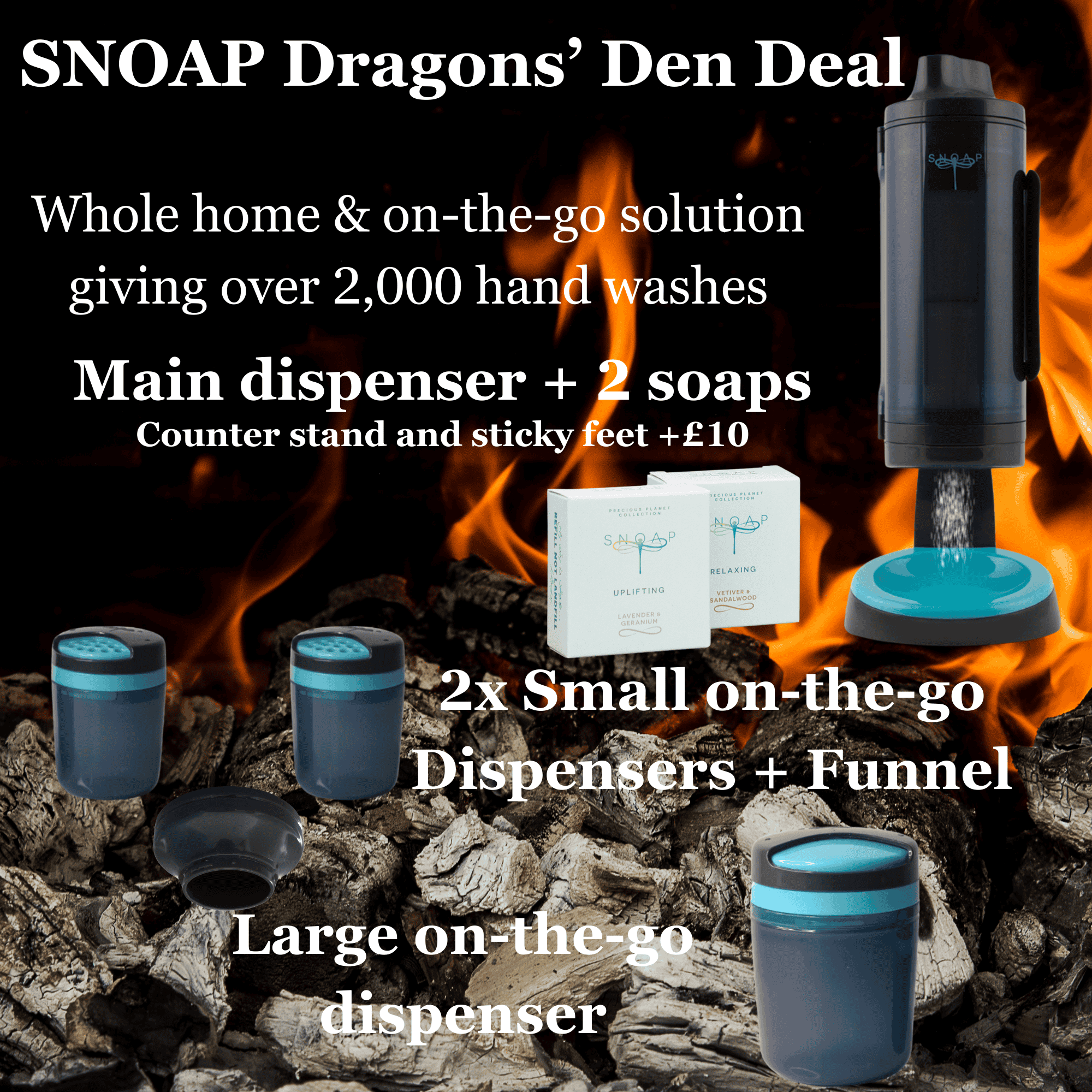 Dragons' Den SNOAP deal in Erebus Anthracite Grey with all products set on flaming background with dispenser on stand