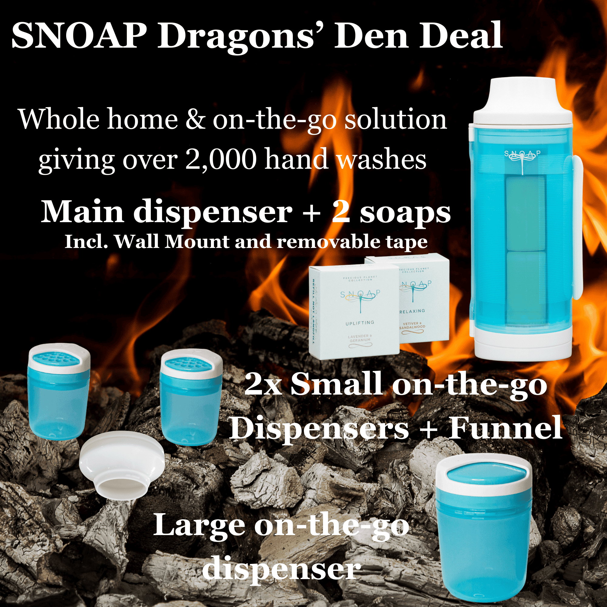 Dragons' Den SNOAP deal in Theia white and SNOAP blue with all products set on flaming background