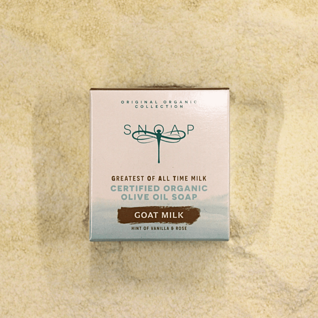 SNOAP GOAT milk pre ground soap for extra moisturising in sustainable wrapping. Organic olive oil soap with goat milk and a hint of vanilla and rose.