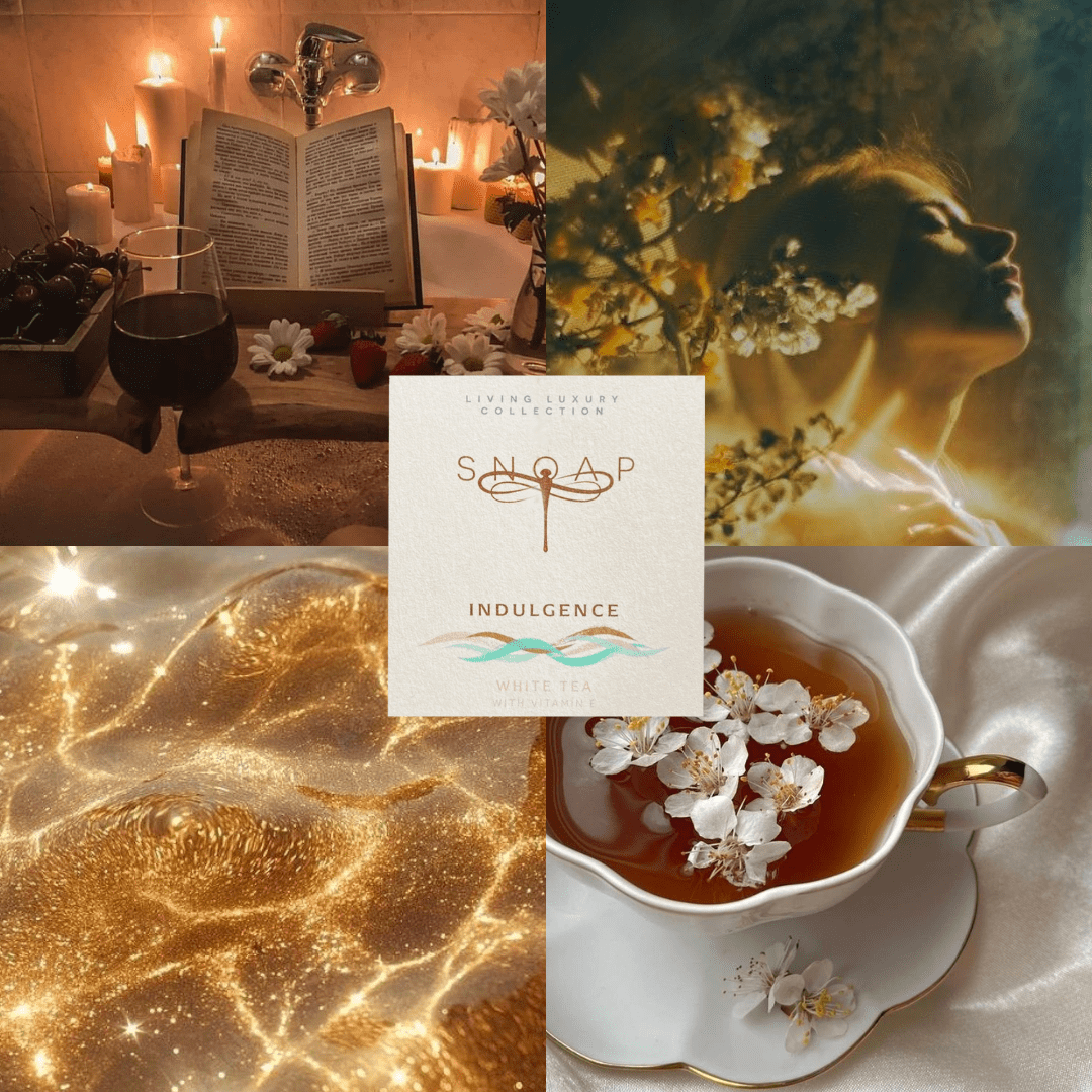 Mood board for Indulgence White Tea with Vitamin E soap bar featuring candlelit bath with book and wine, delicate white blossoms, golden shimmering water, and a porcelain cup of tea with flowers, evoking luxury, relaxation, and spa-like serenity.