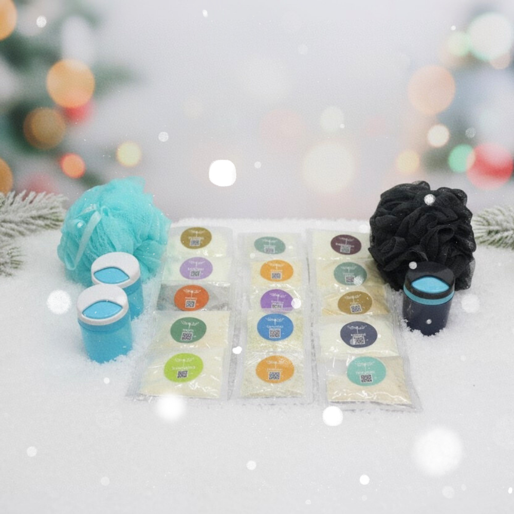 SNOAP Mega Discovery Set with soaps, shampoos, conditioner, dispensers, and shower puffs