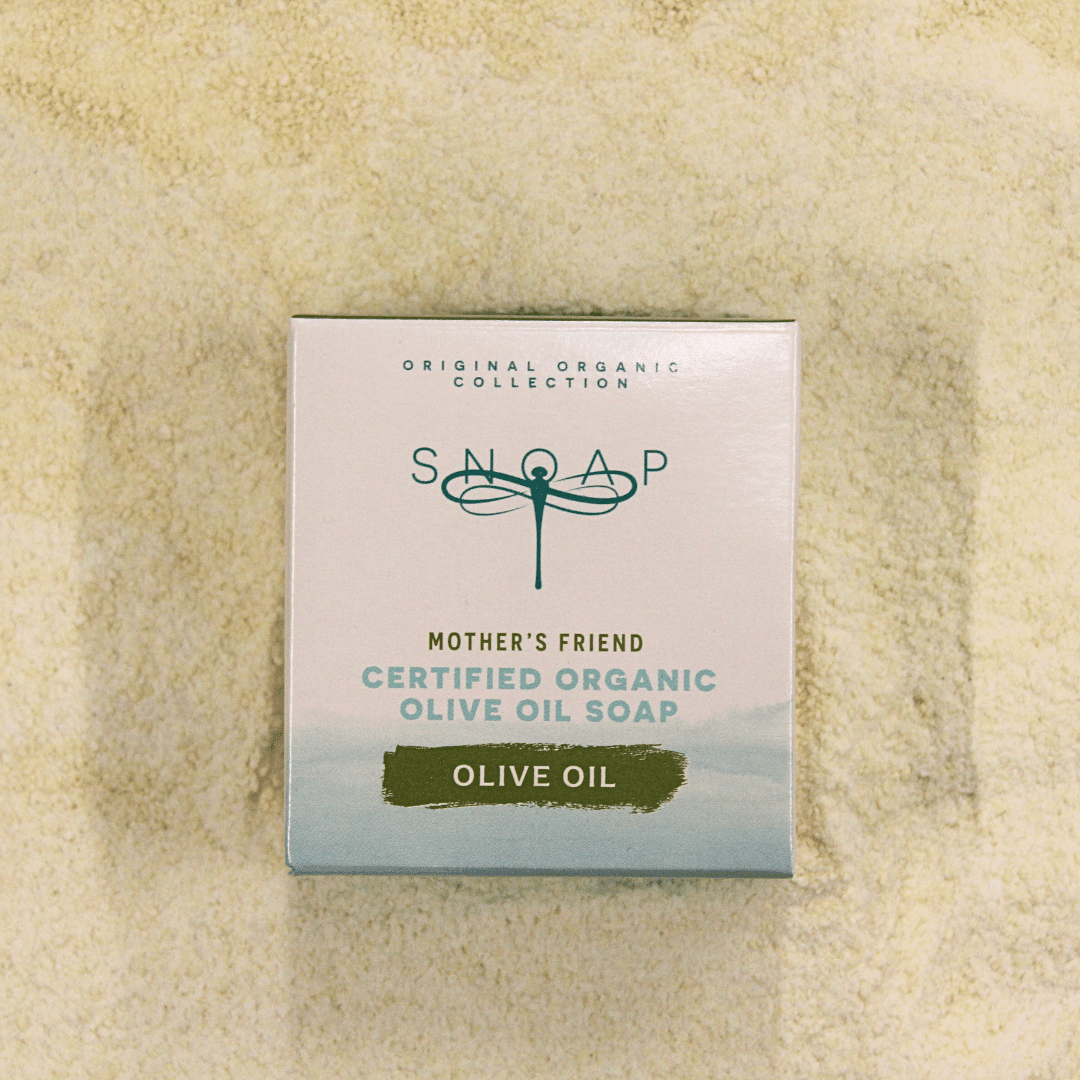 SNOAP Mother's Friend fragrance free pre ground soap for extra moisturising in sustainable wrapping. Organic olive oil soap for sensitive skin.