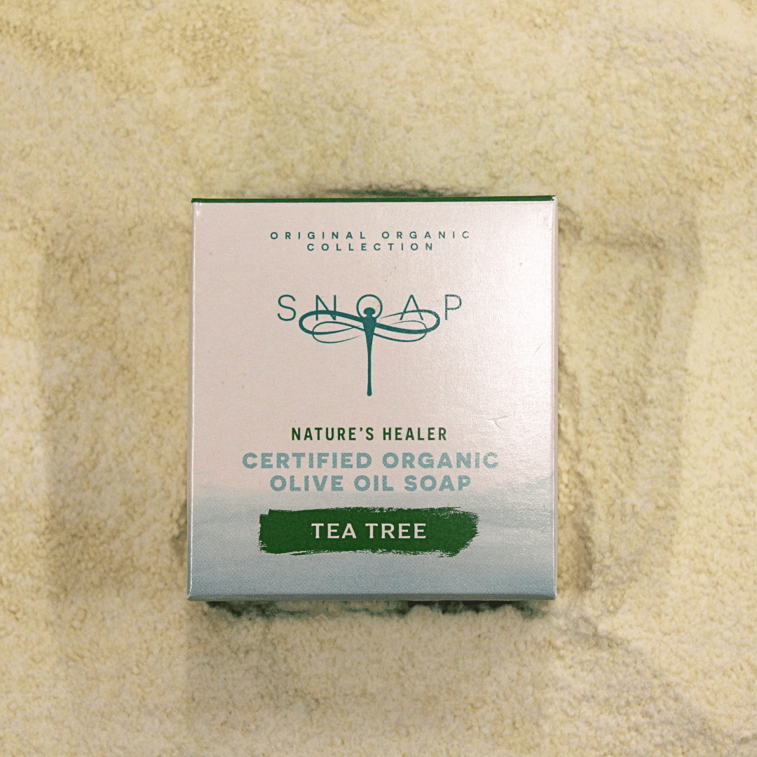 SNOAP Tea Tree pre ground soap for extra deep cleaning and extra moisturising in sustainable wrapping. Organic olive oil soap with Tea Tree.