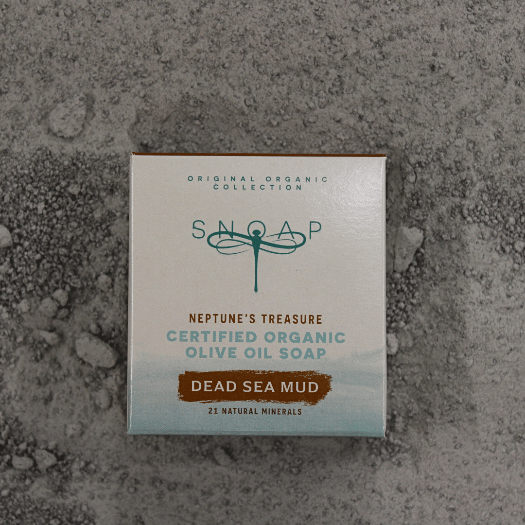 SNOAP Neptune's Treasure - Dead Sea Mud - pre ground soap for skin purifying and moisturising in sustainable wrapping. Organic olive oil soap with Dead sea mud with 21 natural minerals.