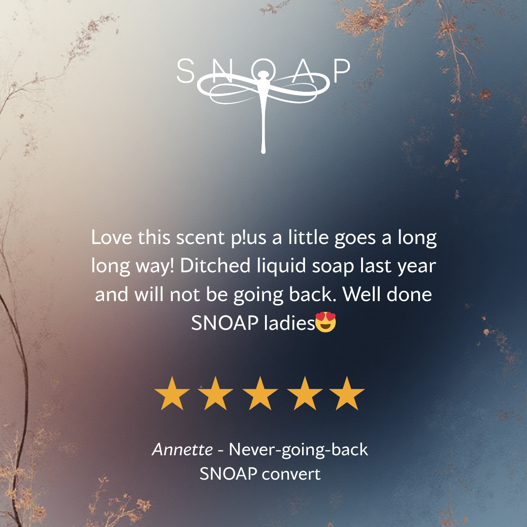Five-star customer review for SNOAP Nourishing soap saying it lasts a long time, with SNOAP logo on soft blue gradient background
