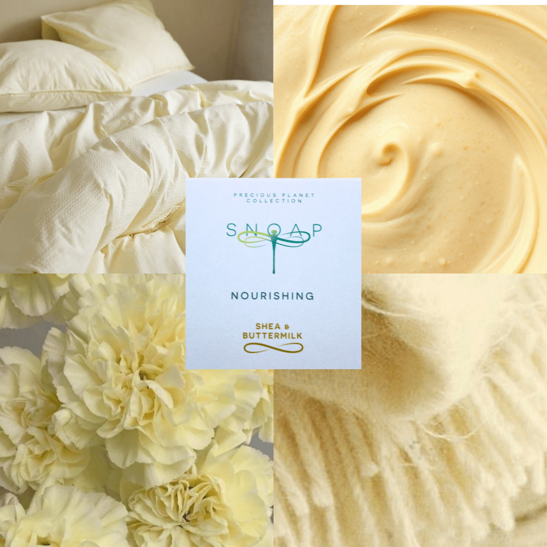 Mood board for Shea and Buttermilk soap featuring soft cream bedding, a swirl of rich shea butter, pale yellow carnations, and a cozy wool texture surrounding SNOAP Nourishing Shea & Buttermilk packaging, evoking warmth, comfort, and creamy hydration.