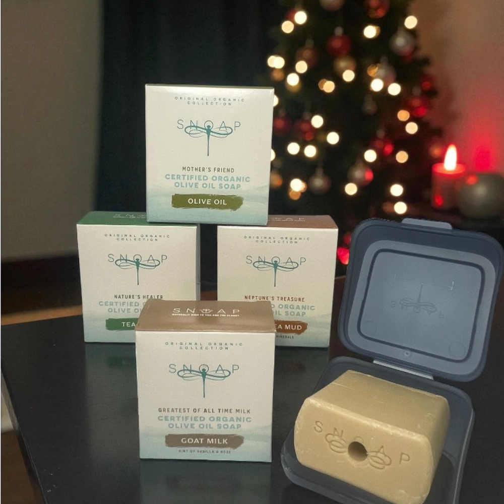 SNOAP Original Organic Gift Bundle with four soaps and showerproof stackable box