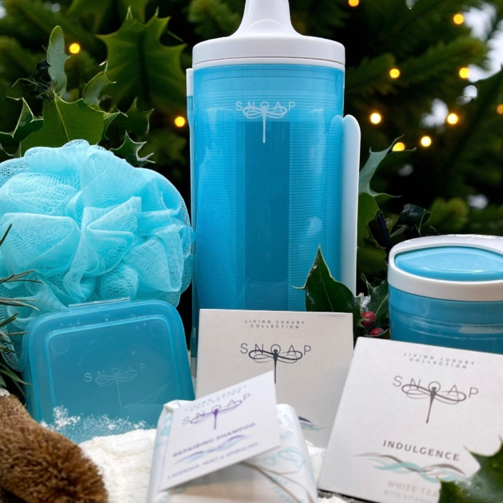 SNOAP Gorgeous Gift Box in white with full-size soaps, shampoo, dispenser, and accessories