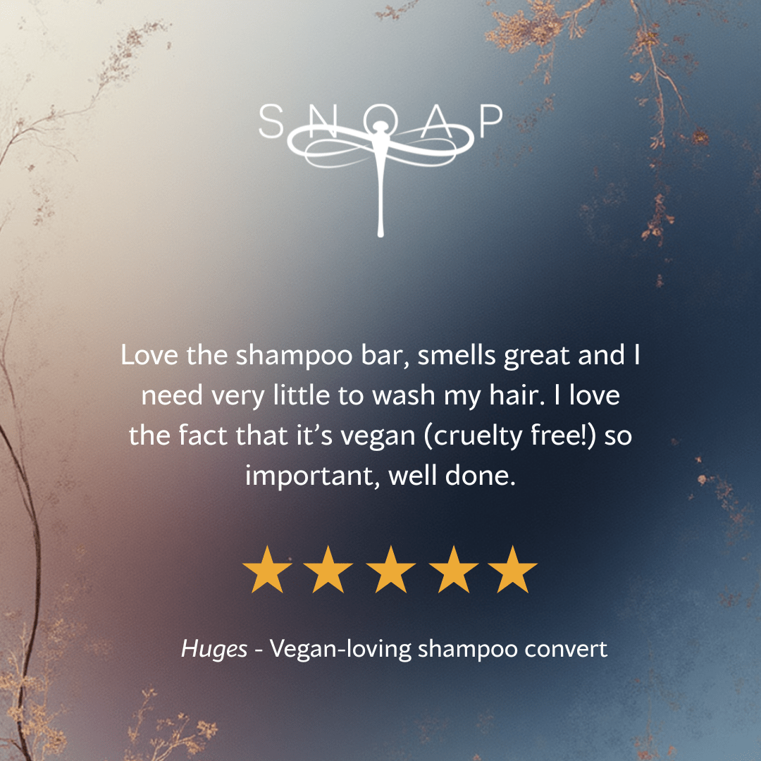 Five-star customer review for SNOAP protecting shampoo bar saying you need very little to wash your hair and that it leaves hair smelling great, with SNOAP logo on soft blue gradient background