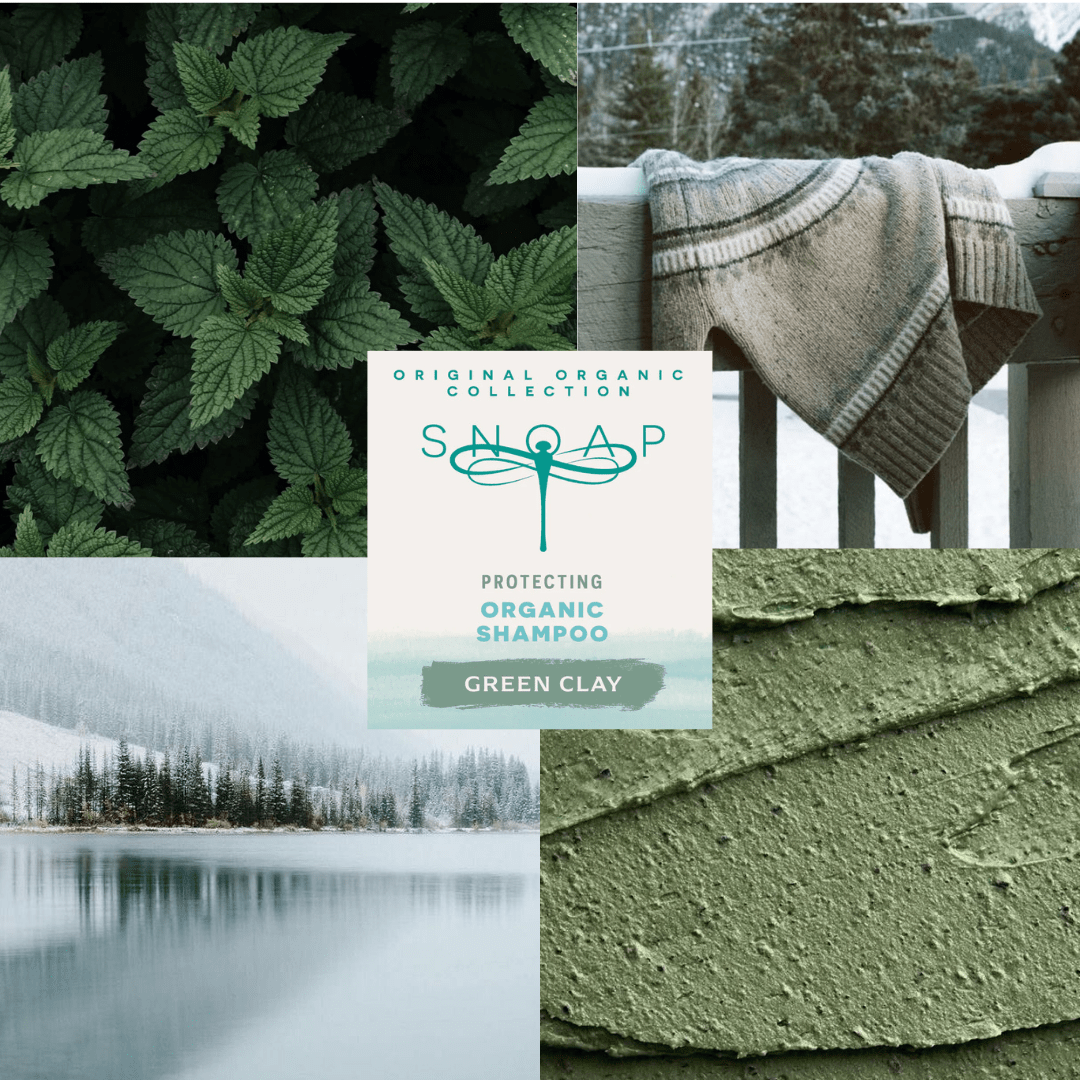 Mood board for SNOAP protecting shampoo bar featuring earthy scenes and green clay outdoor soothing lifestyle imagery