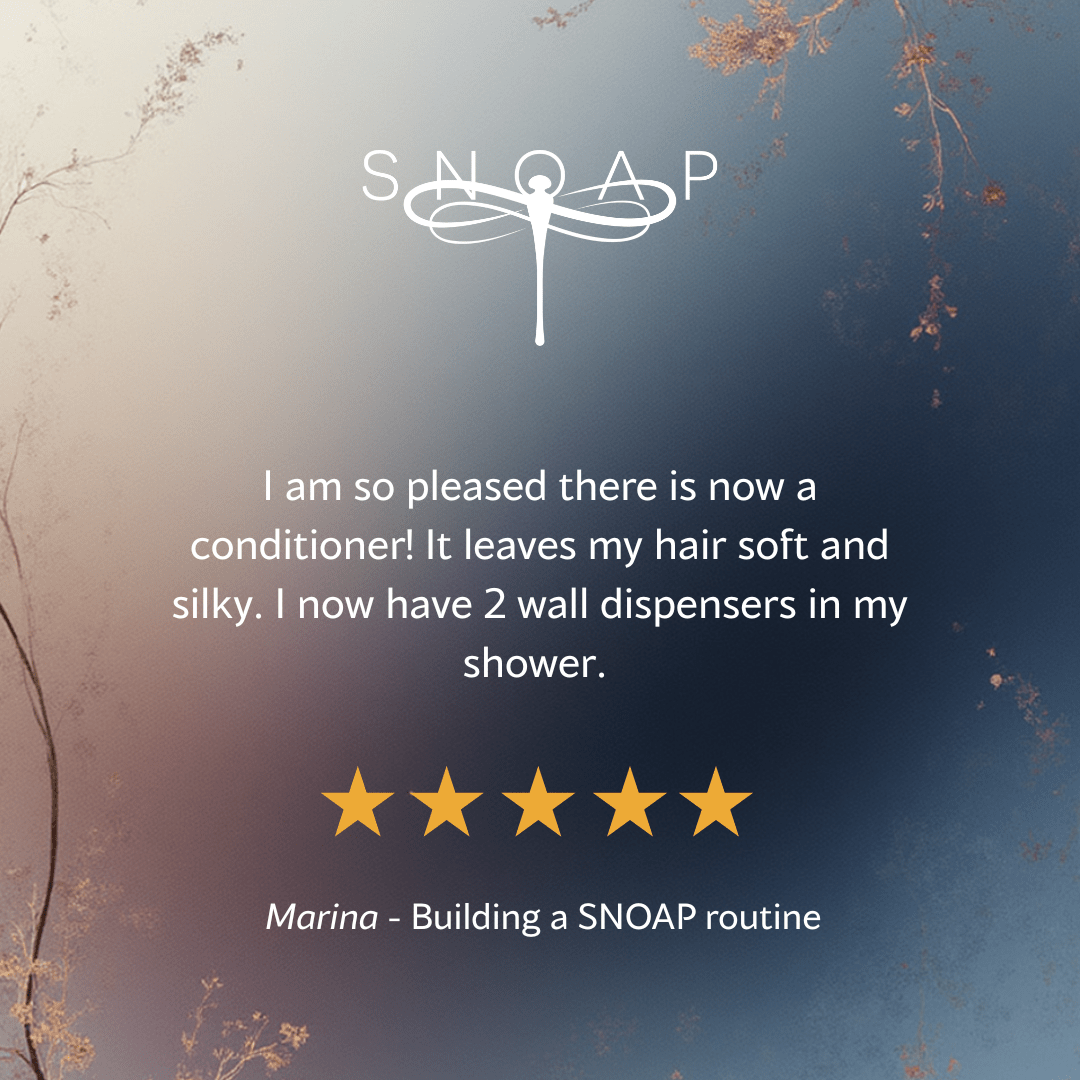 Five-star customer review for SNOAP quenching conditioner saying it leaves hair soft and silky, with SNOAP logo on soft blue gradient background