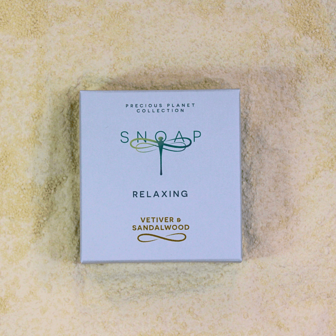 SNOAP Relaxing pre ground soap for with earthy tones and naturally moisturising in sustainable wrapping. Vetiver & Sandalwood soap