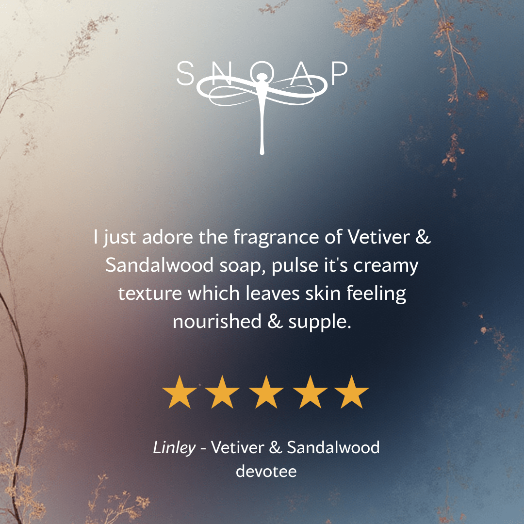 Five-star customer review for SNOAP relaxing soap saying it has a lovely fragrance and leaves skin nourished and supple, with SNOAP logo on soft blue gradient background