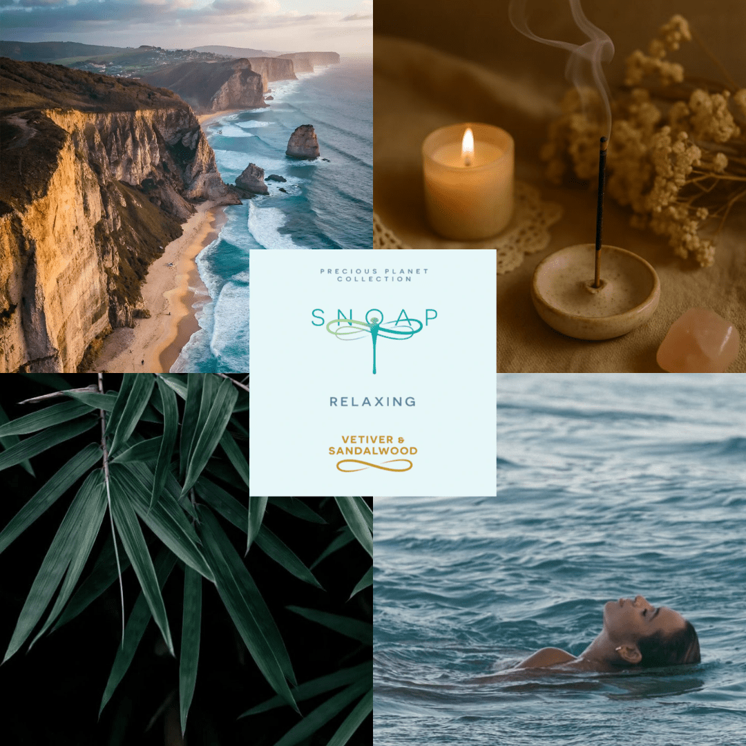 Mood board for Vetiver and Sandalwood soap featuring candles, vetiver, seascapes and relaxing images surrounding SNOAP Relaxing Vetiver & Sandalwood packaging, evoking warmth, comfort, and relaxed luxury.