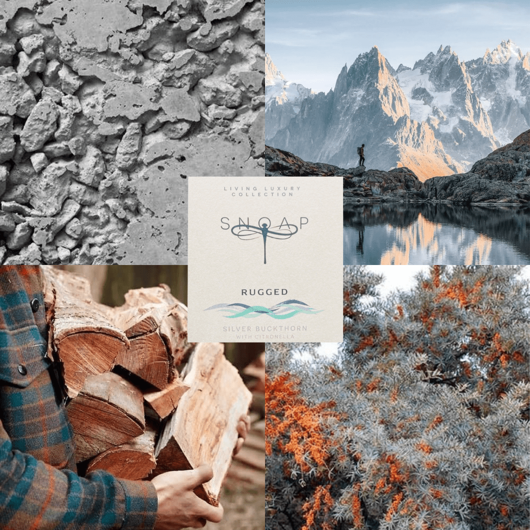 Mood board for silver buckthorn with citronella soap featuring rugged mountains, outdoor scenes and autumn colours surrounding SNOAP Rugged silver buckthorn with citronella packaging, evoking earthy, rugged tones.