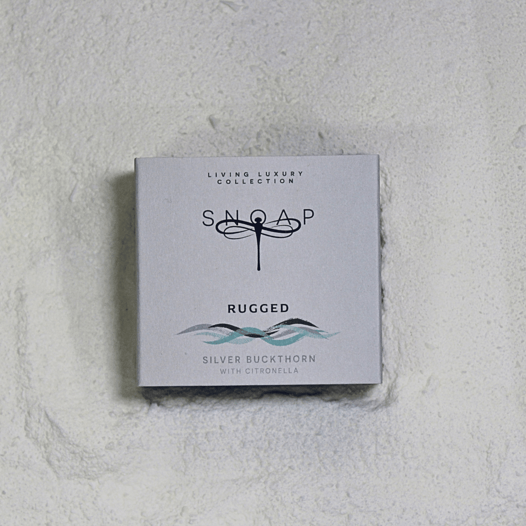 SNOAP Rugged pre ground soap to revitalise and refresh in sustainable wrapping. Silver Buckthorn with citronella.