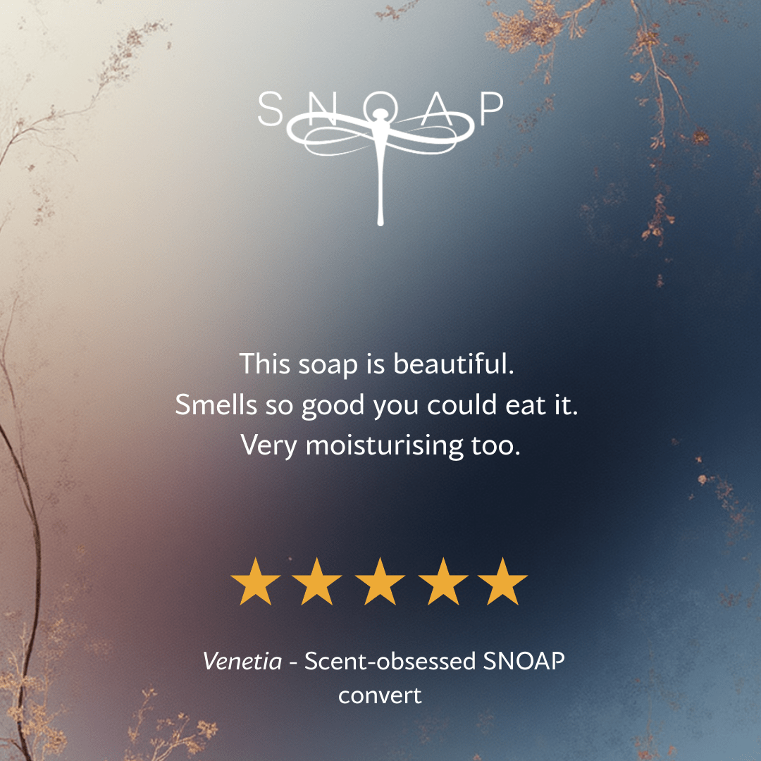 Five-star customer review for SNOAP Rugged soap saying it smells great and is highly moisturising, with SNOAP logo on soft blue gradient background