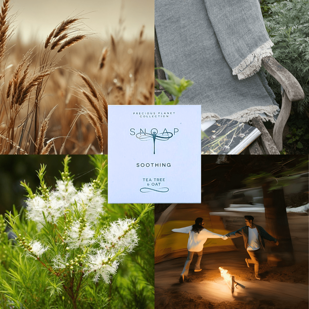 Mood board for Tea Tree & Oat soap featuring oat crops, garden scenes and outdoor activities surrounding SNOAP Nourishing Shea & Buttermilk packaging, evoking deep cleansing with an outdoor feel