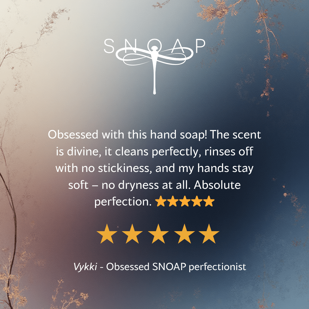 Five-star customer review for SNOAP Soothing soap bar saying it cleans perfectly and keeps had soft, with SNOAP logo on soft blue gradient background