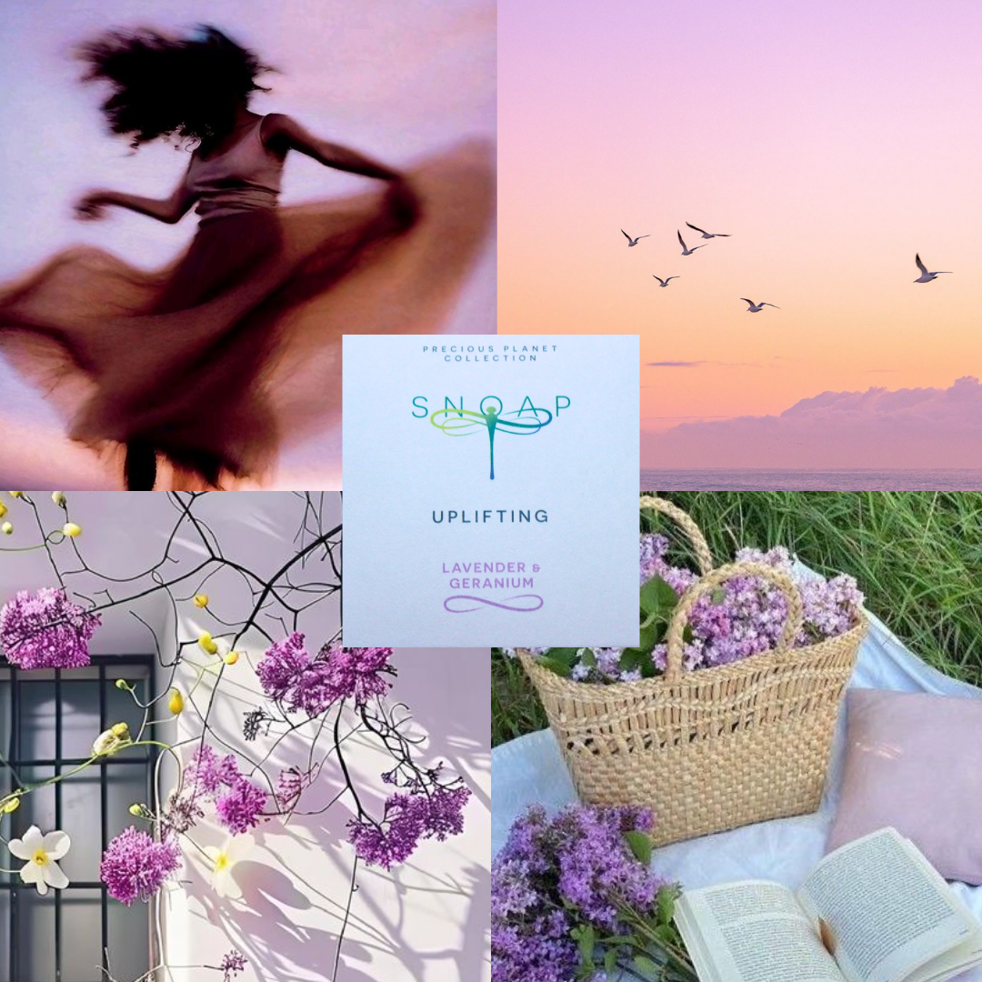 Mood board for Lavender & Geranium soap featuring lilac colours, dancing, fresh outdoor scenes, lavender plants and picnic surrounding SNOAP Uplifting Lavender & Geranium packaging, evoking springtime, flowers, comfort, and flowery hydration.