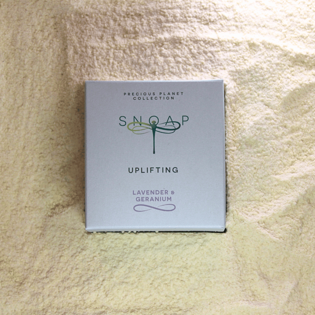 SNOAP Uplifting pre ground soap for invigoration and indulgence in sustainable wrapping. Lavender & Geranium.