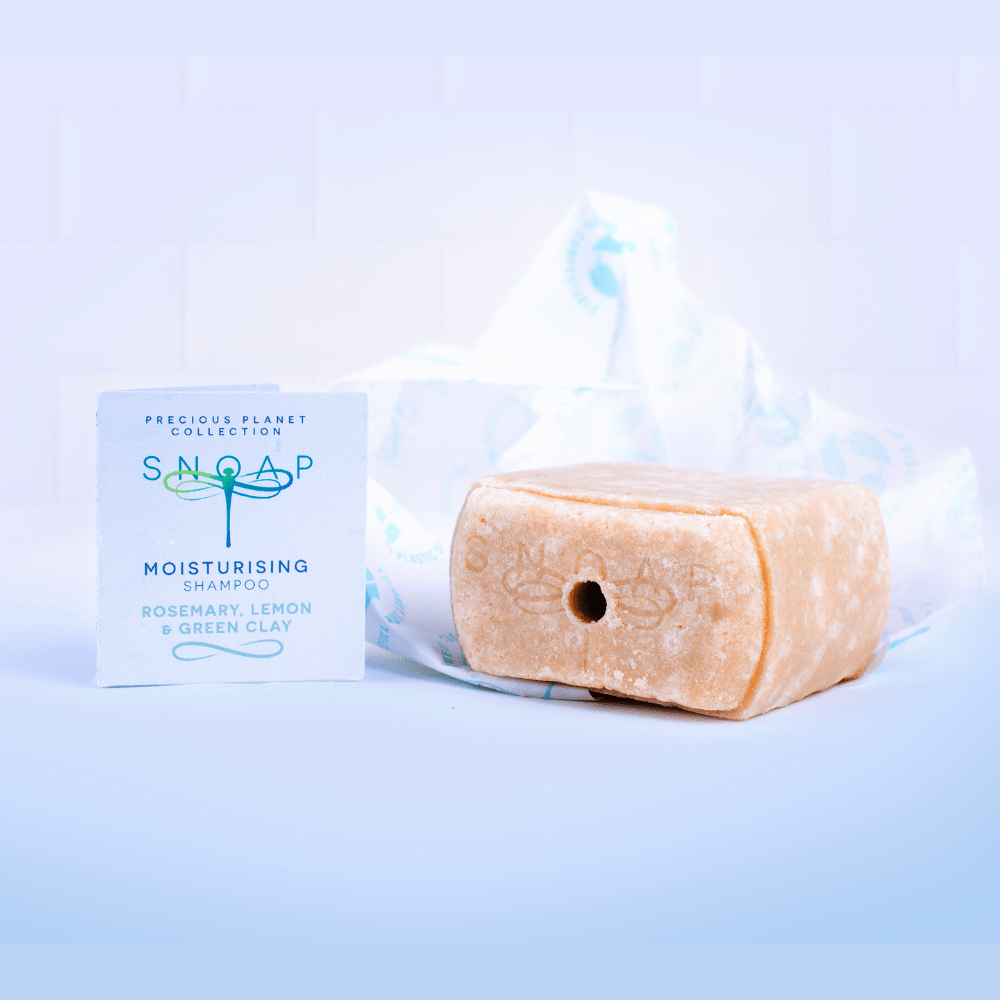 SNOAP cleansing shampoo bar for normal hair in sustainable wrapping, Rosemary, Lemon and Green Clay solid shampoo made in the UK