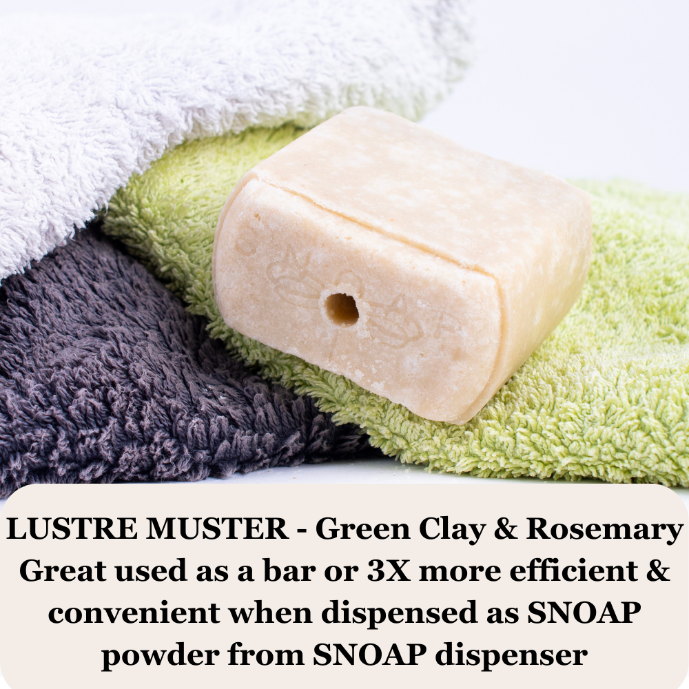 Lustre Muster SNOAP pet shampoo bar. Green clay & Rosemary