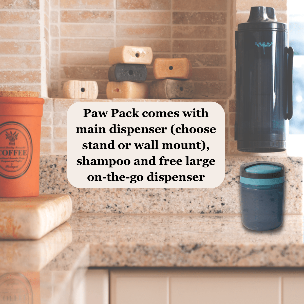 SNOAP Perfect Pet Pack in anthracite grey attached to wall. With dispenser, shampoo bar, and travel dispenser