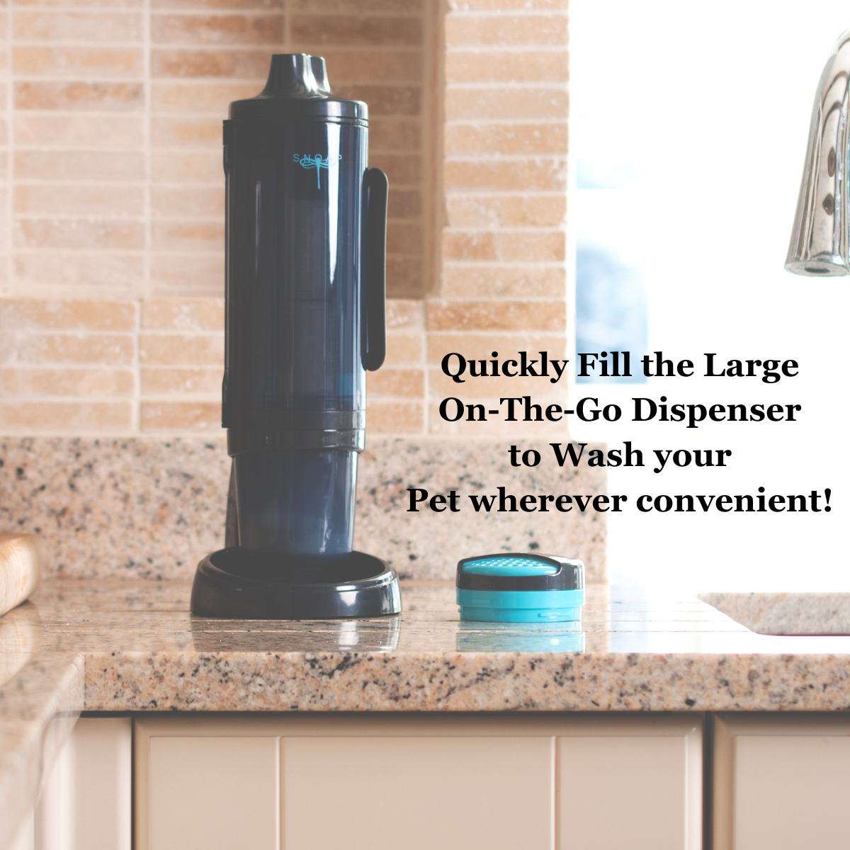 SNOAP Perfect Pet Pack in anthracite grey showing how to easily fill travel dispenser. With dispenser, shampoo bar, and travel dispenser and optional stand.