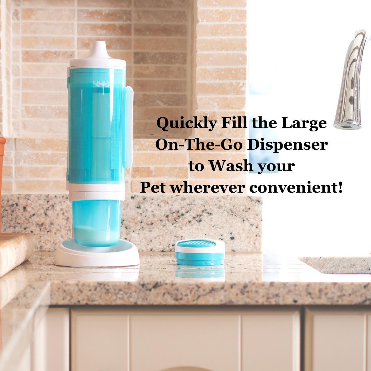 SNOAP Perfect Pet Pack in white showing how to easily fill travel dispenser. With dispenser, shampoo bar, and travel dispenser and optional stand.