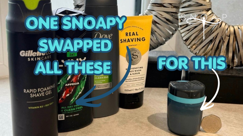 SNOAP refillable solid soap dispenser next to four single-use plastic men's grooming products — Gillette shave gel, Lynx Africa body wash, Dove 3-in-1, and Real Shaving Company face wash and scrub — with the text "One SNOAPy swapped all these for this."