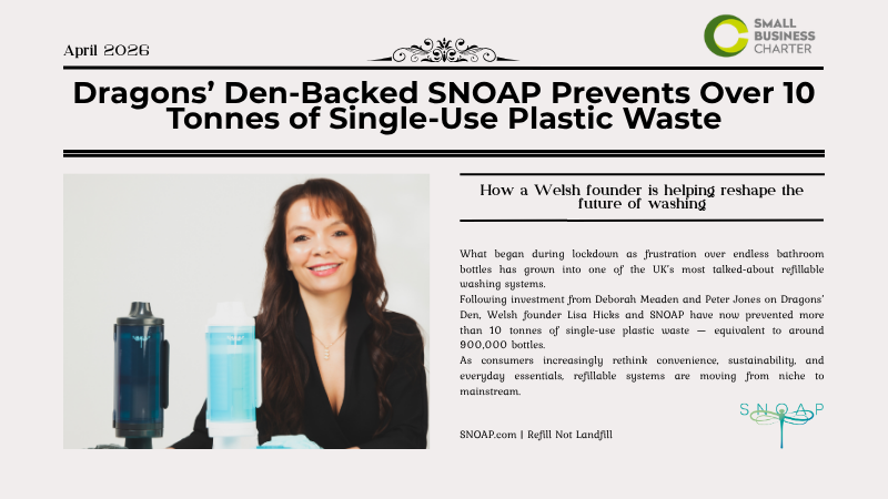 Lisa Hicks founder of SNOAP beside refillable SNOAP Dispenser Systems after preventing more than 10 tonnes of single-use plastic waste
