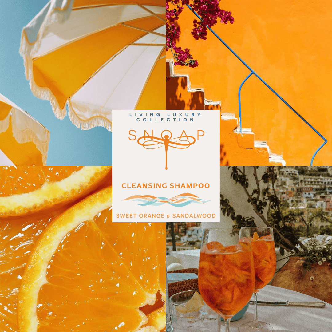 Mood board for SNOAP cleansing shampoo bar featuring sweet orange and sandalwood inspiration, Mediterranean colours, citrus textures and fresh, uplifting lifestyle imagery