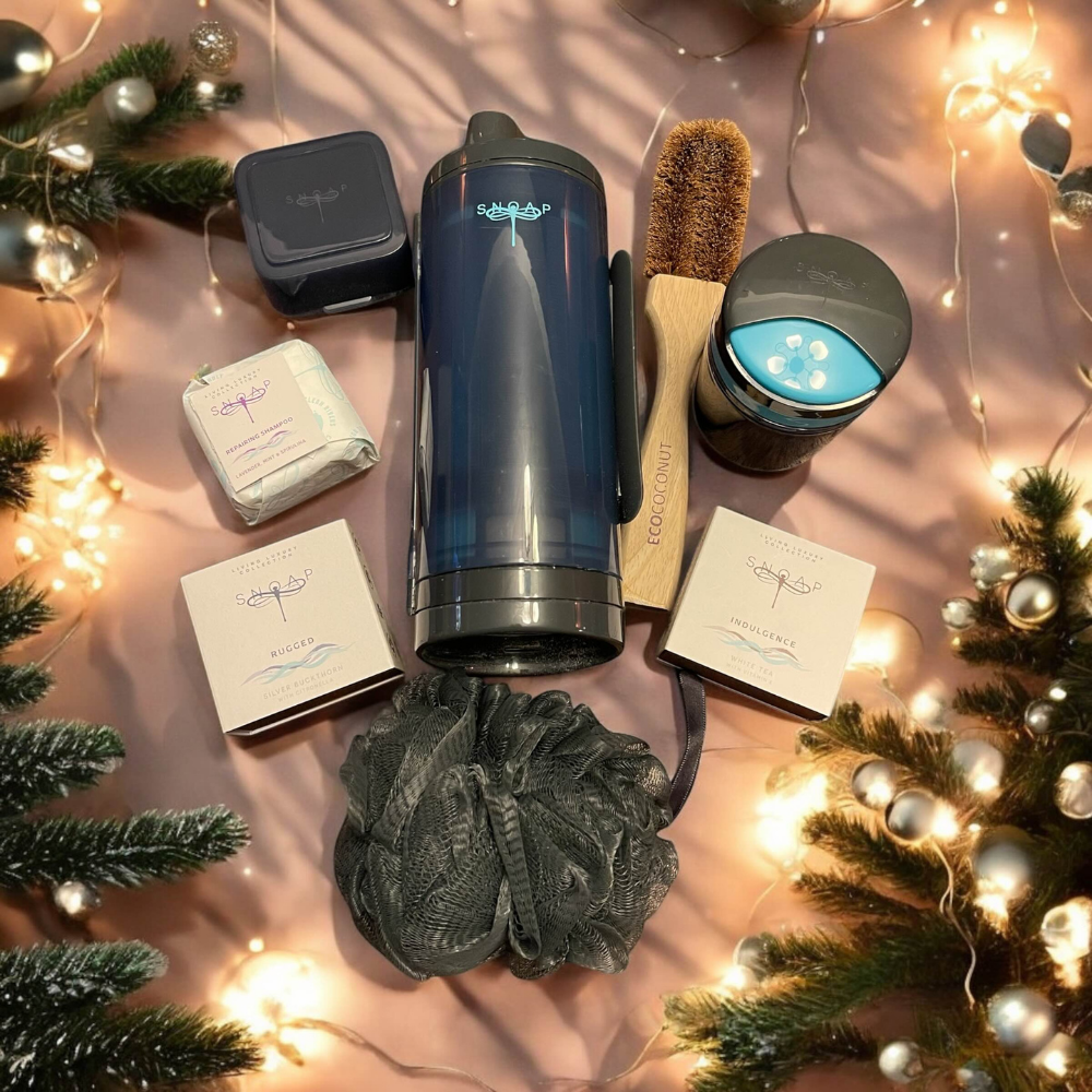 SNOAP Gorgeous Gift Box with full-size soaps, shampoo, dispenser, and accessories