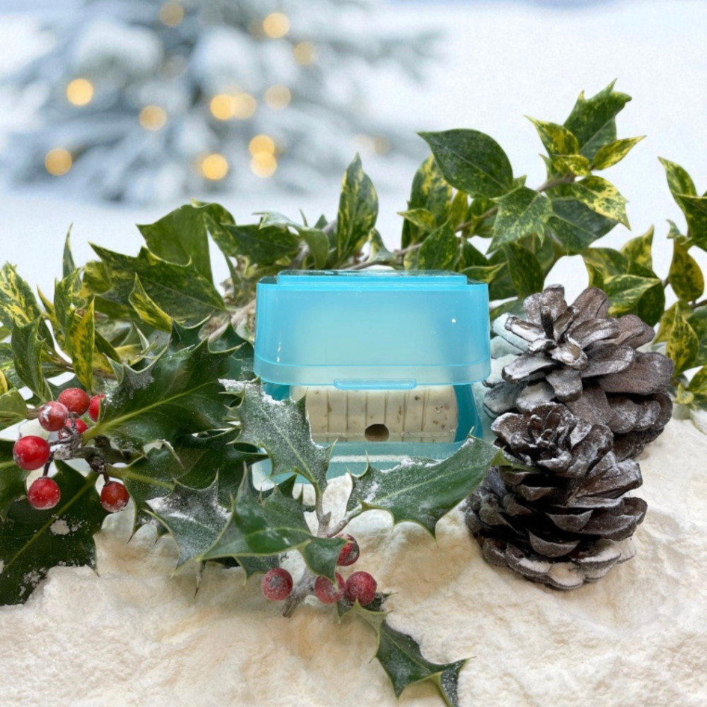 Showerproof stackable SNOAP Box, in SNOAP blue, for soap storage and travel