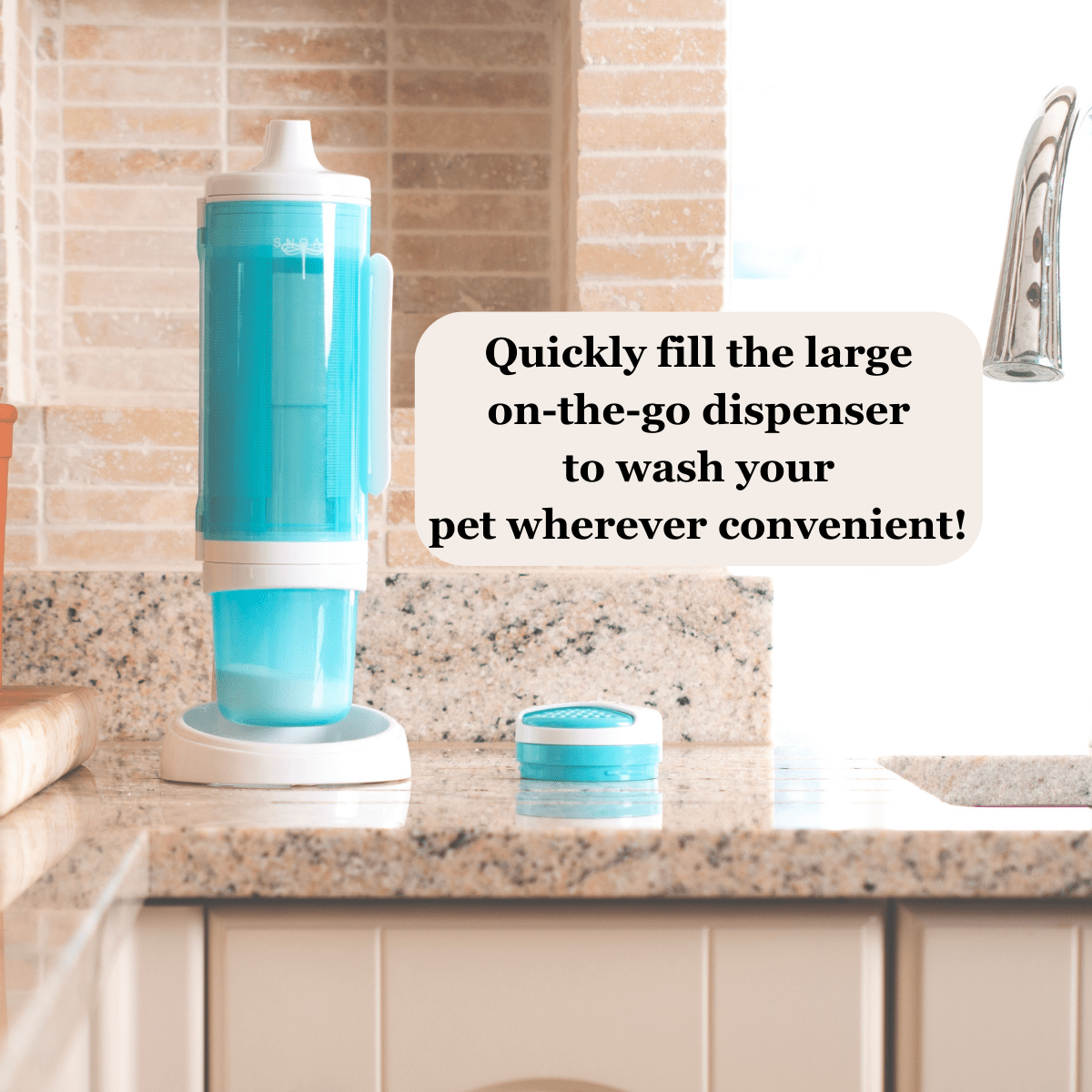 SNOAP Perfect Pet Pack in white showing how to easily fill travel dispenser.  With dispenser, shampoo bar, travel dispenser and optional stand.