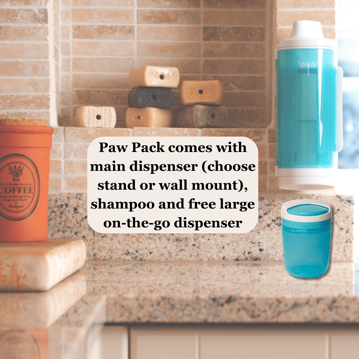 SNOAP Perfect Pet Pack in white attached to wall.  With dispenser, shampoo bar, and travel dispenser