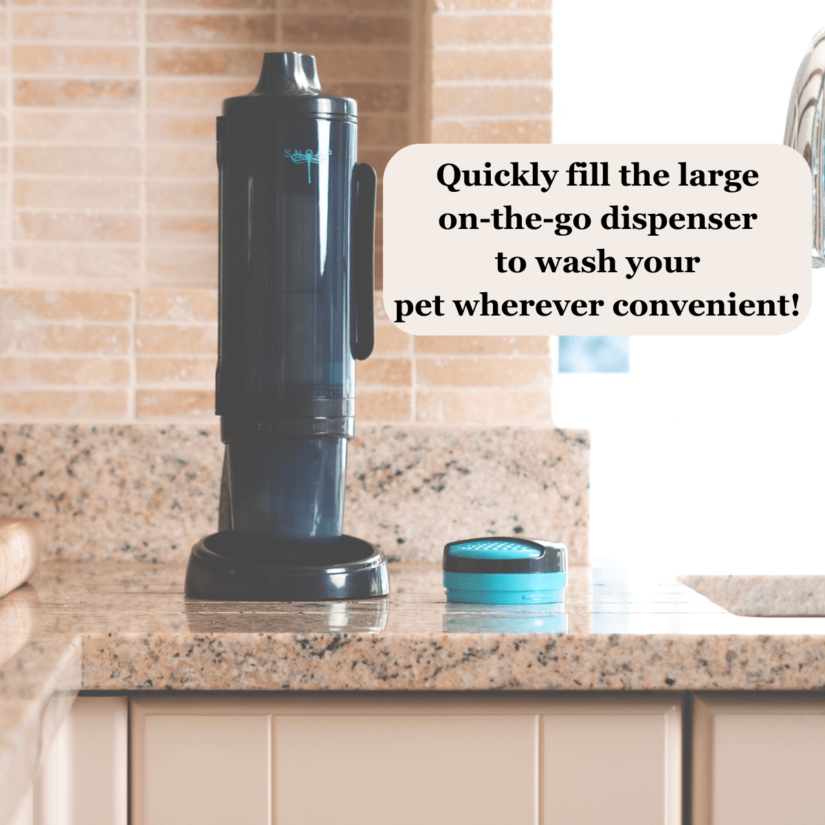 SNOAP Perfect Pet Pack in anthracite grey showing how to easily fill travel dispenser.  With dispenser, shampoo bar, and travel dispenser and optional stand.