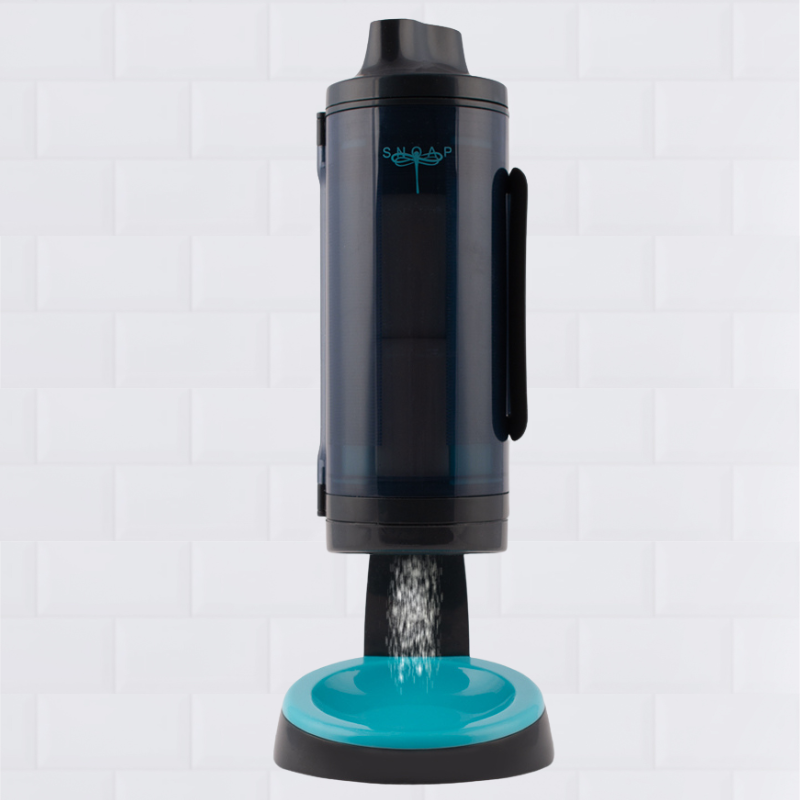 SNOAP Dispenser in Anthracite Grey counter mounted on white tiles